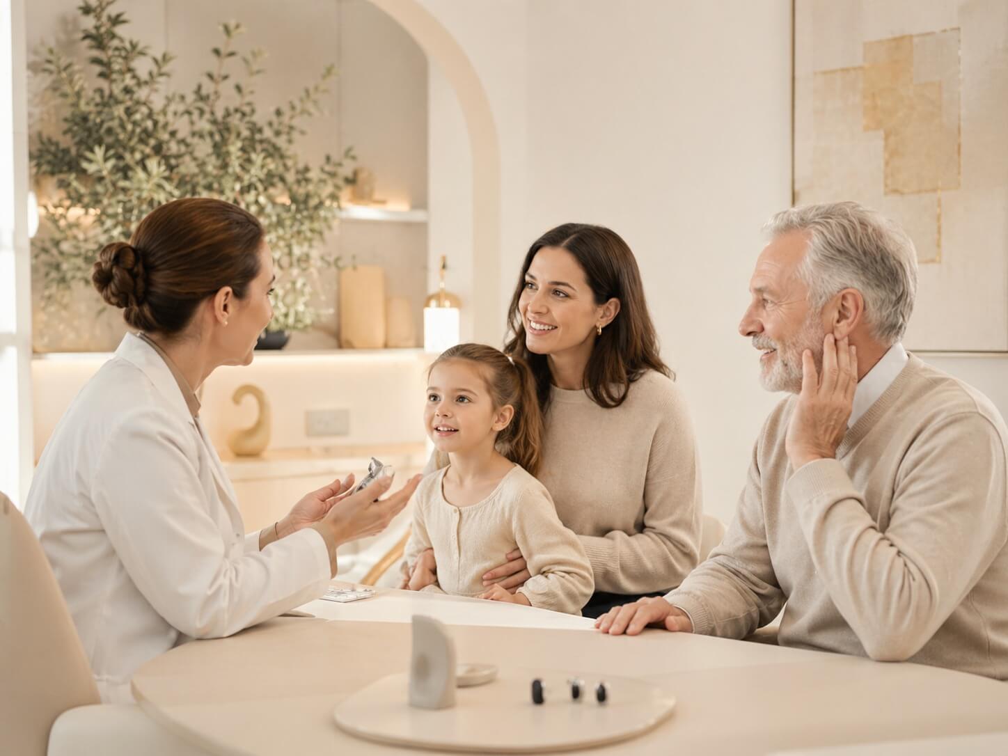 Fonoaudióloga conversando com família — criança e idoso — sobre avaliação auditiva