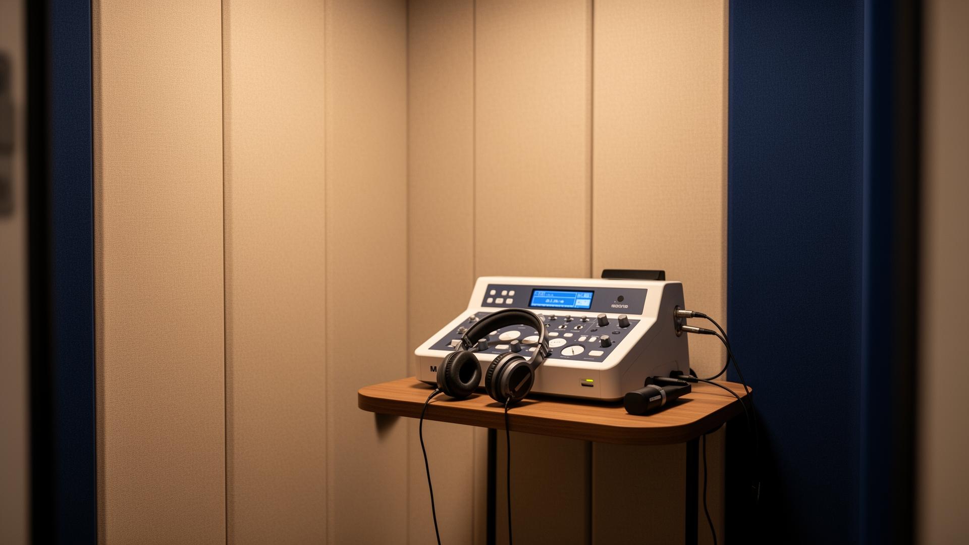 Cabine acústica para exame de audiometria com audiômetro e fones profissionais